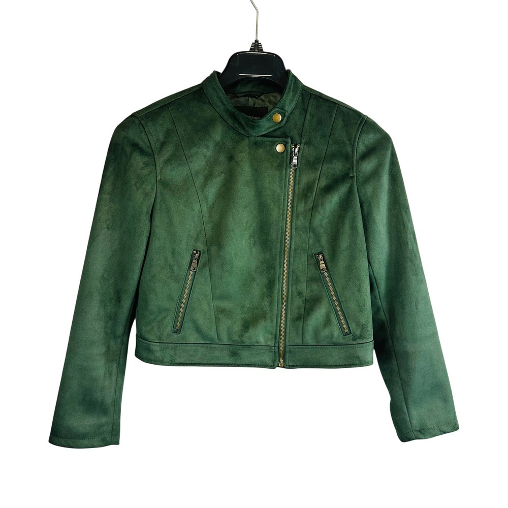 Banana Republic Womans Medium Petite Moto Jacket Green Vegan Suede